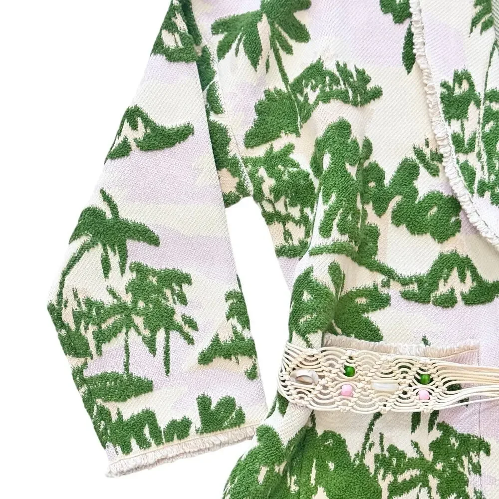 New Maje Imprime Aloha Beige Green Palm Tree Jacket Macrame Belted Sz 1 / US S - Picture 6 of 16